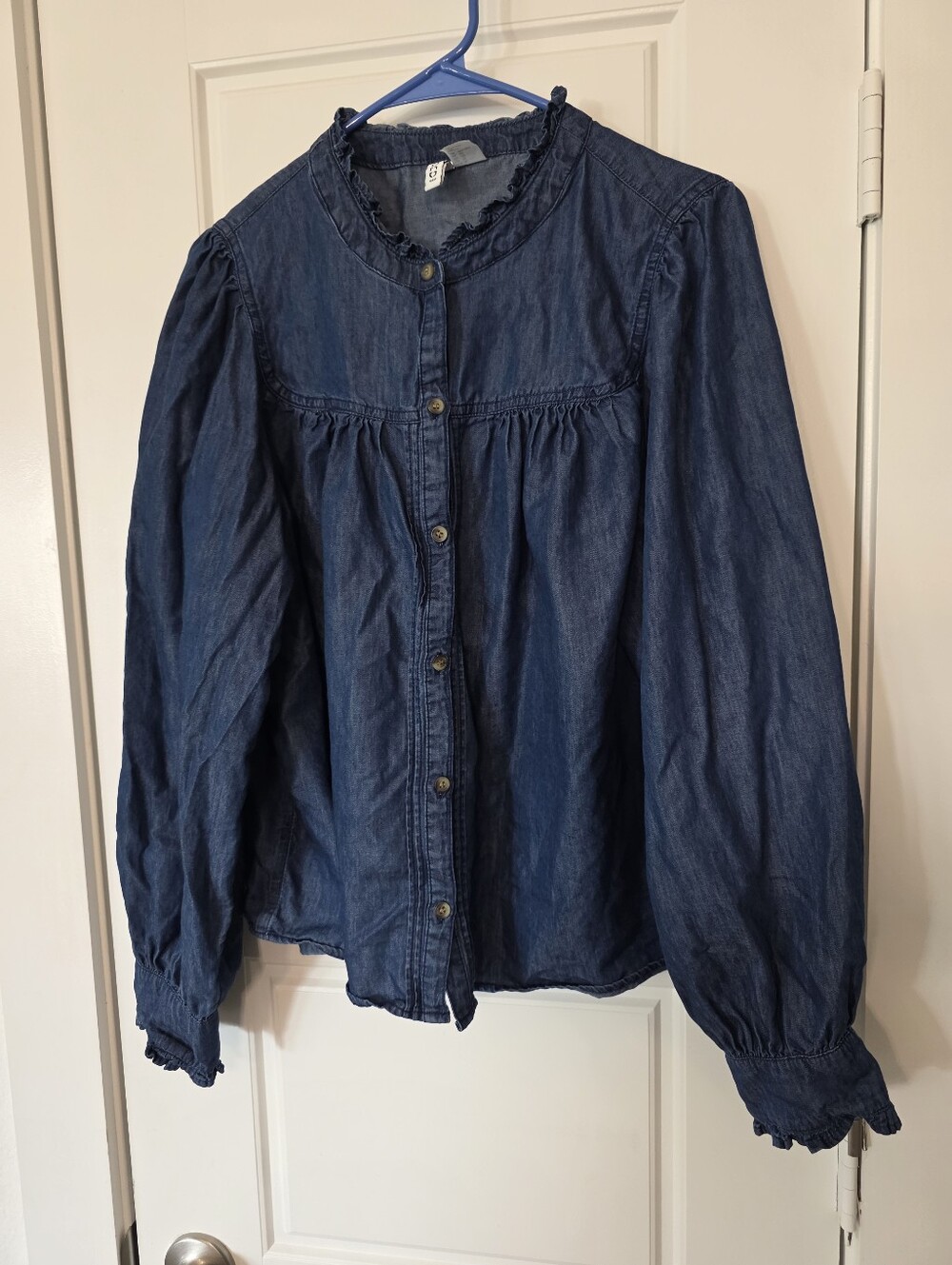 H&M Divided Chambray Denim Button Front Peasant Blouse XL Puff Sleeve Boho Top